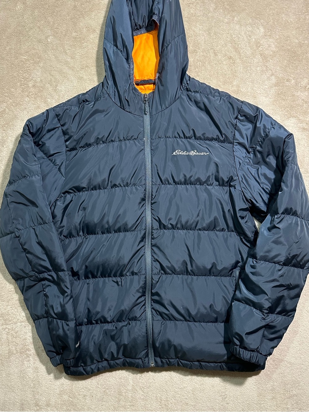Eddie Bauer Men’s L EB650 Down Puffer Jacket Hooded Navy Blue Orange